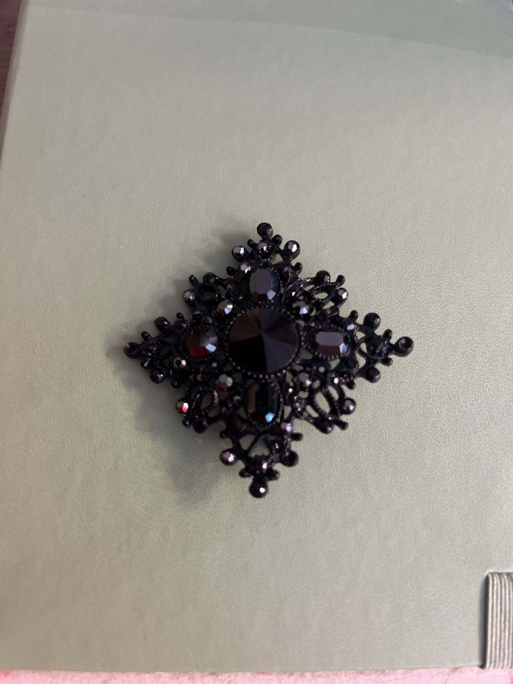 Vintage Black Japanned Rhinestone Filigree Brooch